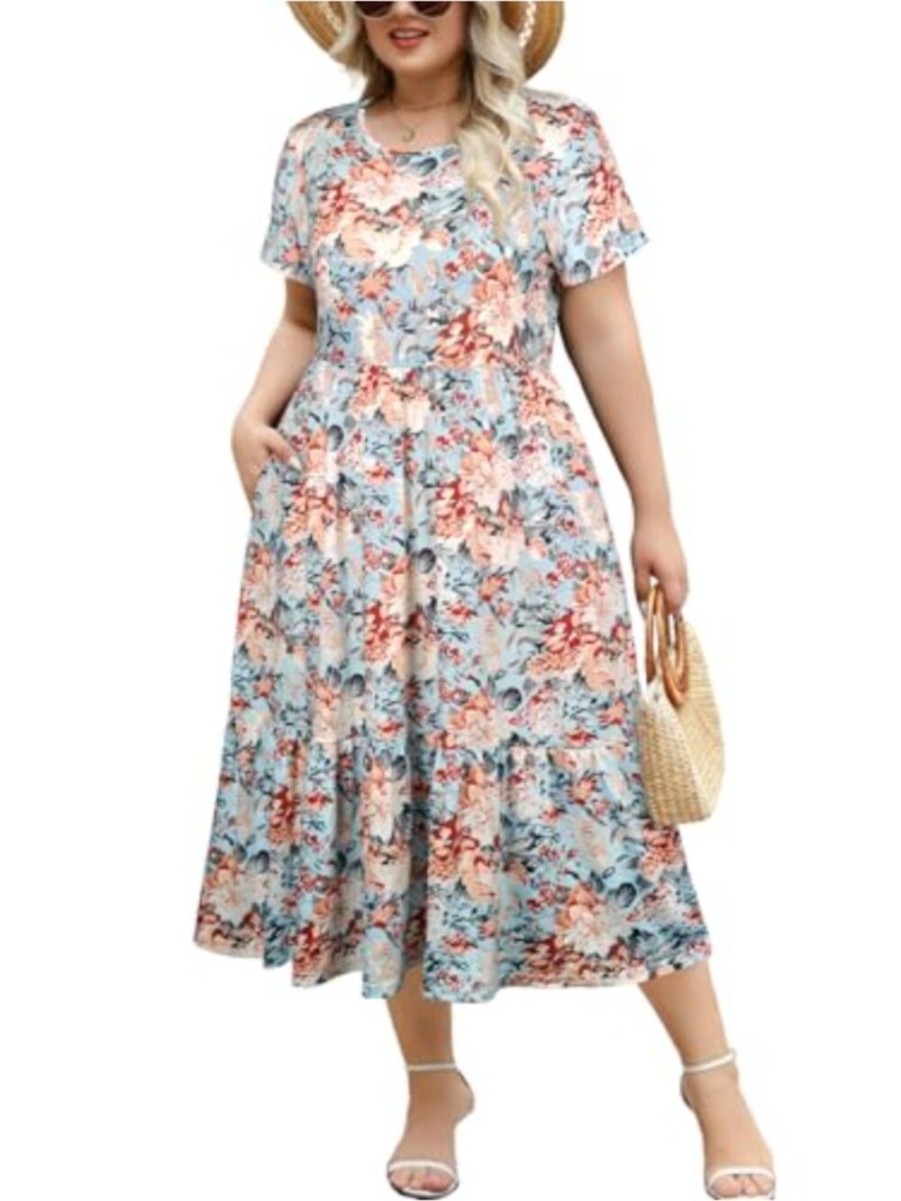 Plus Size Midi Casual Dress with Pockets 1X-4X Tiered Short Sleeve Relax Fit